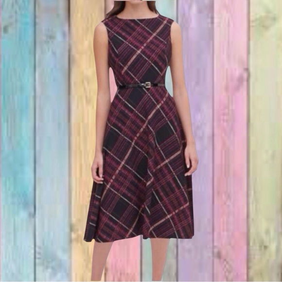 Tommy Hilfiger Dresses & Skirts - Tommy Hilfiger Burgundy Black Plaid Fit & Flare Belted Midi Dress NWT